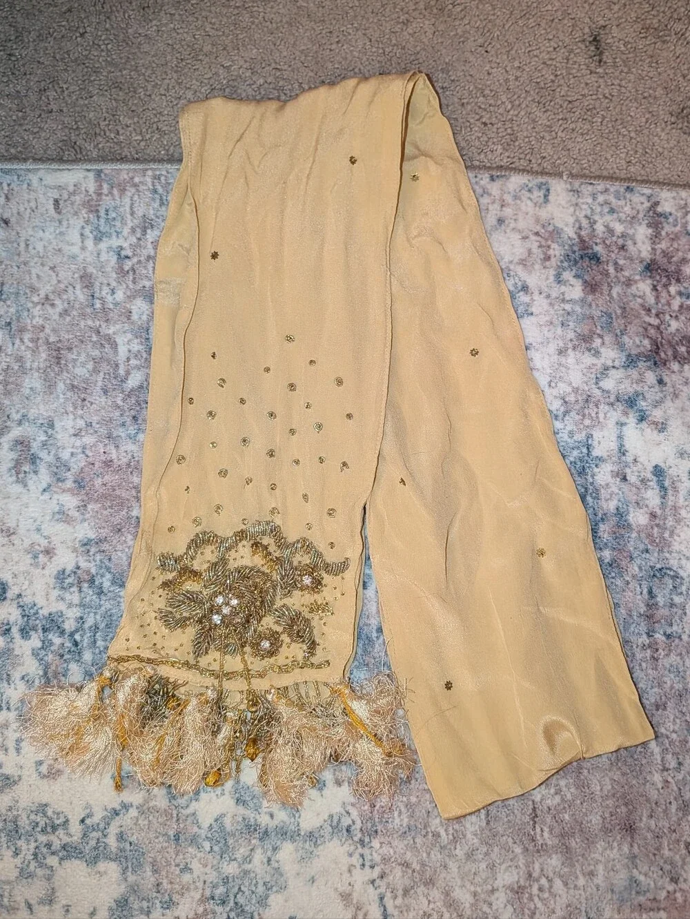 Elegant Vintage Silk Gold Beaded Fringe Scarf